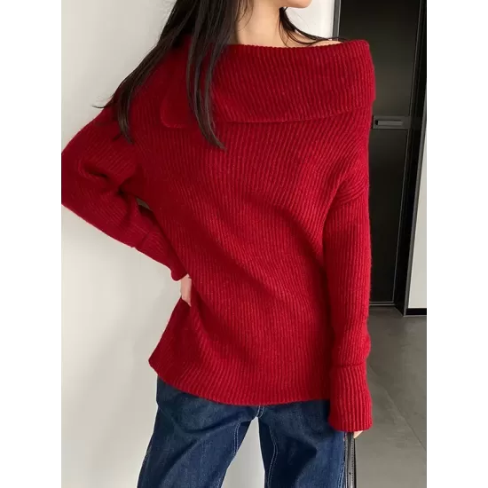 Solid Color Long Sleeves Loose Off-the-shoulder Sweater Pullovers Knitwear