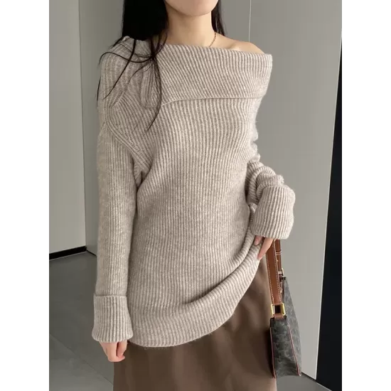 Solid Color Long Sleeves Loose Off-the-shoulder Sweater Pullovers Knitwear