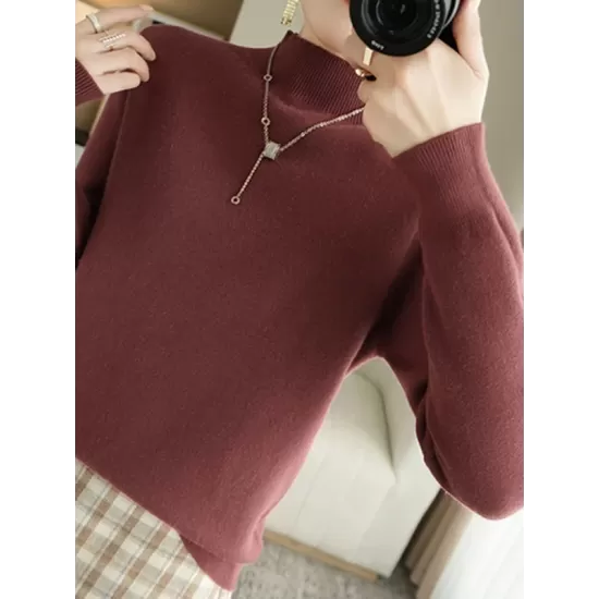 Skinny Solid Color Half Turtleneck Sweater Tops