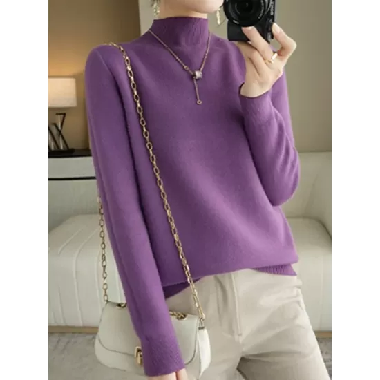 Skinny Solid Color Half Turtleneck Sweater Tops