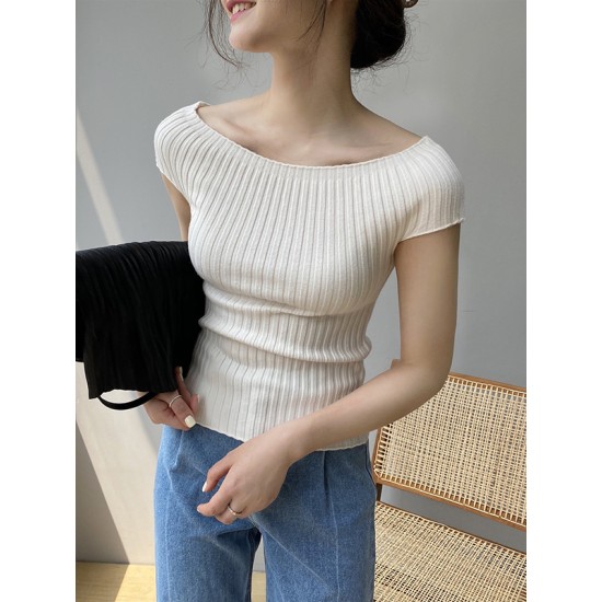 Solid Color Short Sleeves Skinny Boat Neck Sweater Pullovers Knitwear