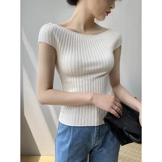 Solid Color Short Sleeves Skinny Boat Neck Sweater Pullovers Knitwear