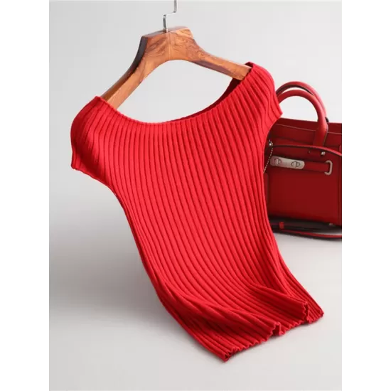 Solid Color Short Sleeves Skinny Boat Neck Sweater Pullovers Knitwear