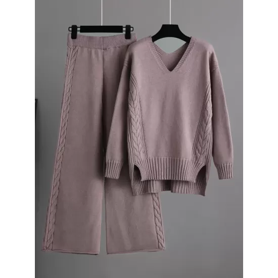 Urban Loose Solid Color V-Neck Sweater Tops& Wide Leg  Pants Suits