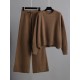 Urban Loose Long Sleeves Solid Color Round-Neck High-Low Sweater Tops & Wide Leg Pants Suits