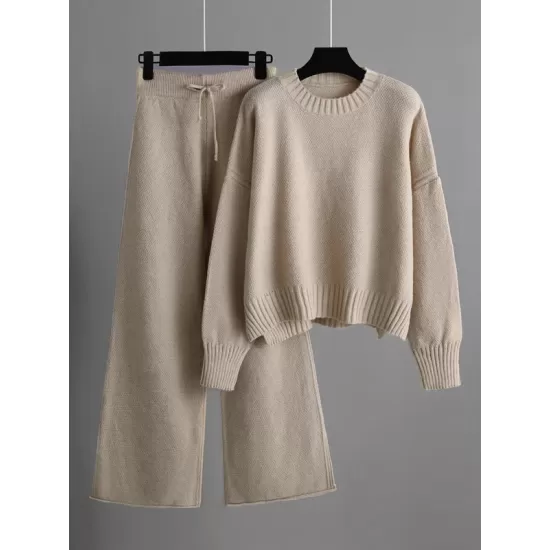 Urban Loose Long Sleeves Solid Color Round-Neck High-Low Sweater Tops & Wide Leg Pants Suits