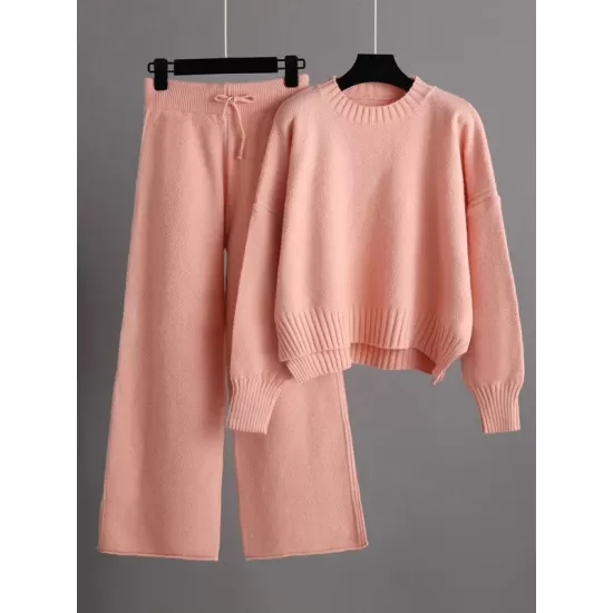 Urban Loose Long Sleeves Solid Color Round-Neck High-Low Sweater Tops & Wide Leg Pants Suits