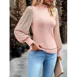 Sequined Split-Joint Bishop Sleeve Long Sleeves High-Neck Sweater Tops Pullovers