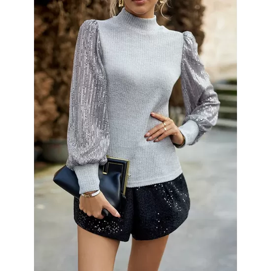 Sequined Split-Joint Bishop Sleeve Long Sleeves High-Neck Sweater Tops Pullovers