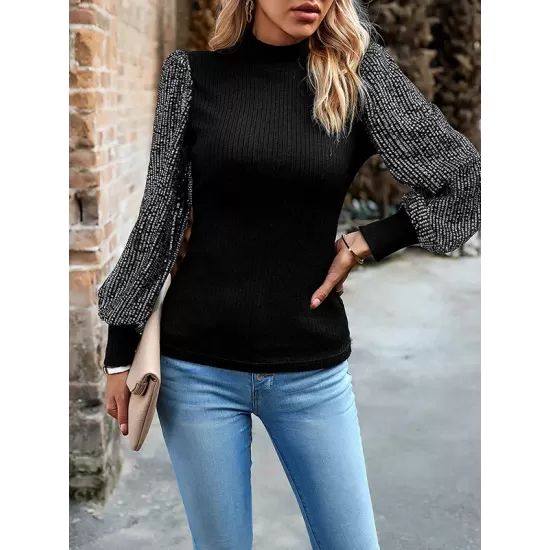 Sequined Split-Joint Bishop Sleeve Long Sleeves High-Neck Sweater Tops Pullovers