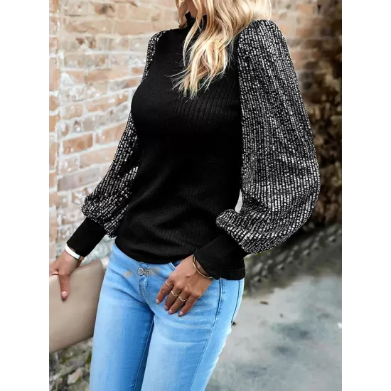 Sequined Split-Joint Bishop Sleeve Long Sleeves High-Neck Sweater Tops Pullovers