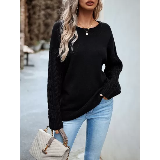 Solid Color Long Sleeves Loose Round-Neck Sweater Pullovers