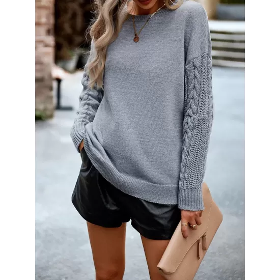 Solid Color Long Sleeves Loose Round-Neck Sweater Pullovers