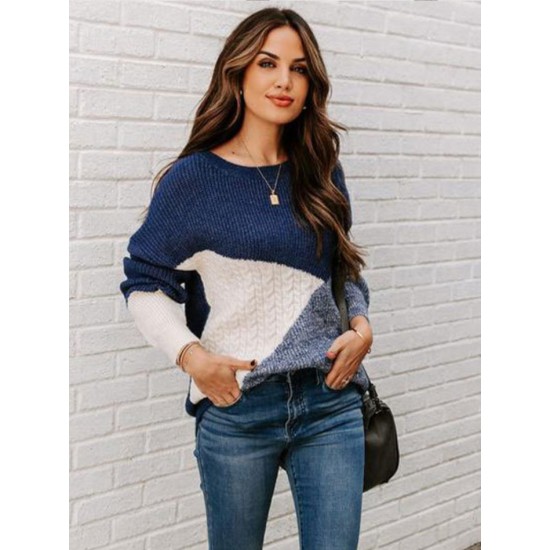 Casual Long Sleeves Loose Contrast Color Round-Neck Sweater Tops