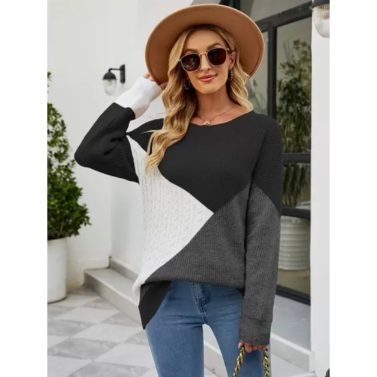 Casual Long Sleeves Loose Contrast Color Round-Neck Sweater Tops