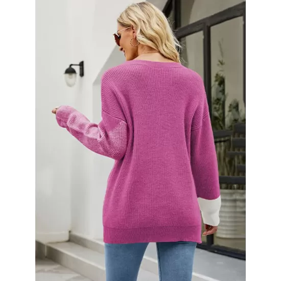 Casual Long Sleeves Loose Contrast Color Round-Neck Sweater Tops