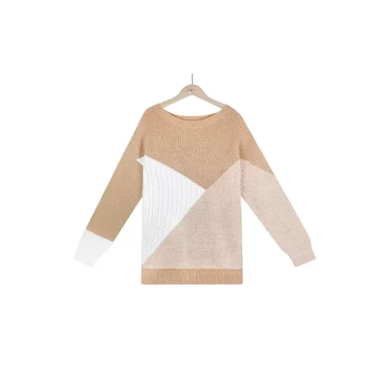 Casual Long Sleeves Loose Contrast Color Round-Neck Sweater Tops