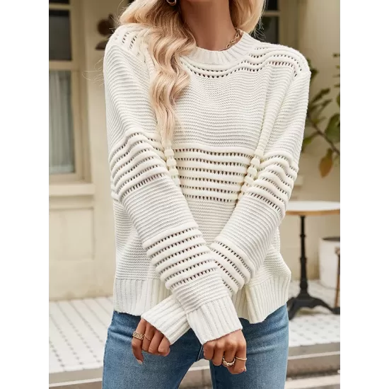 Hollow Solid Color Long Sleeves Loose Round-Neck Sweater Tops Pullovers Knitwear