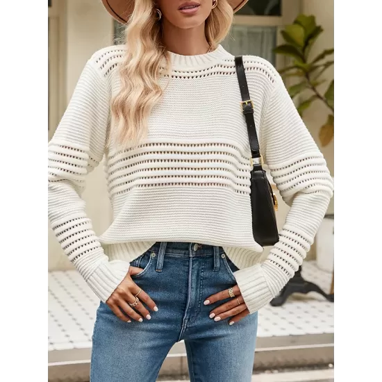 Hollow Solid Color Long Sleeves Loose Round-Neck Sweater Tops Pullovers Knitwear