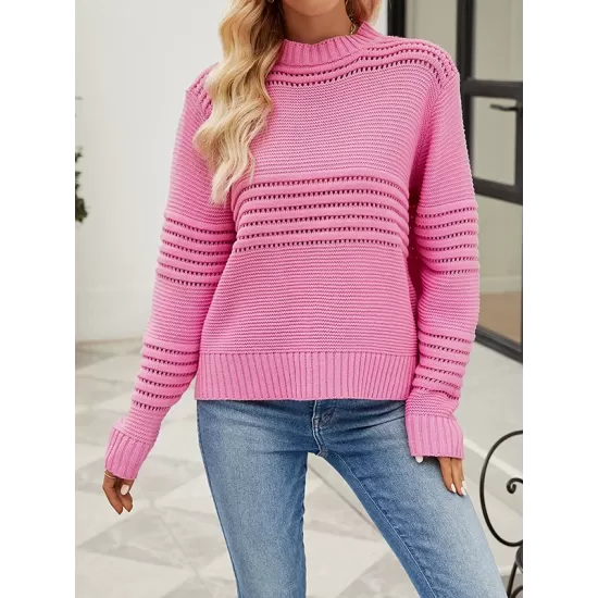 Hollow Solid Color Long Sleeves Loose Round-Neck Sweater Tops Pullovers Knitwear