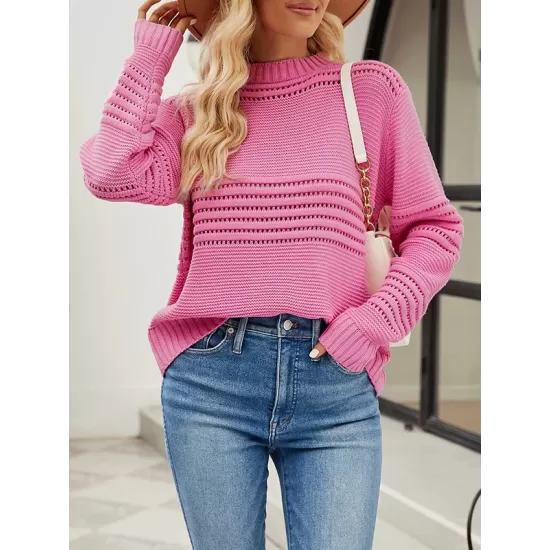 Hollow Solid Color Long Sleeves Loose Round-Neck Sweater Tops Pullovers Knitwear