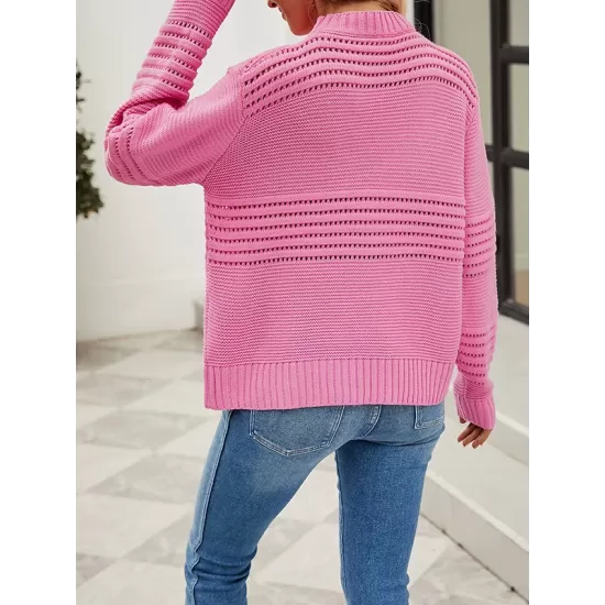 Hollow Solid Color Long Sleeves Loose Round-Neck Sweater Tops Pullovers Knitwear