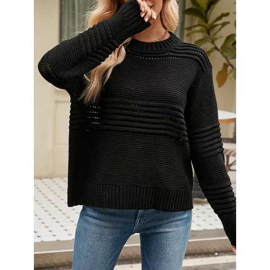 Hollow Solid Color Long Sleeves Loose Round-Neck Sweater Tops Pullovers Knitwear