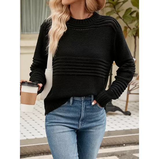 Hollow Solid Color Long Sleeves Loose Round-Neck Sweater Tops Pullovers Knitwear