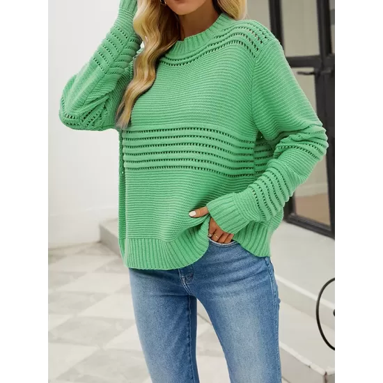 Hollow Solid Color Long Sleeves Loose Round-Neck Sweater Tops Pullovers Knitwear