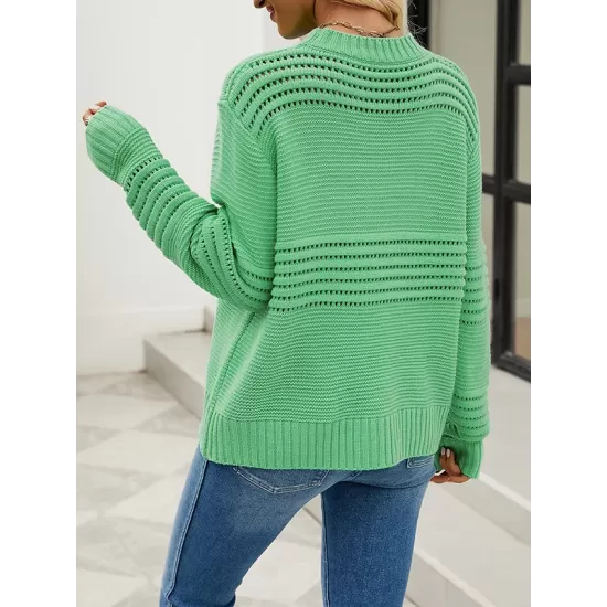 Hollow Solid Color Long Sleeves Loose Round-Neck Sweater Tops Pullovers Knitwear