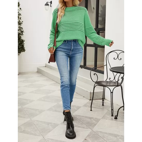 Hollow Solid Color Long Sleeves Loose Round-Neck Sweater Tops Pullovers Knitwear