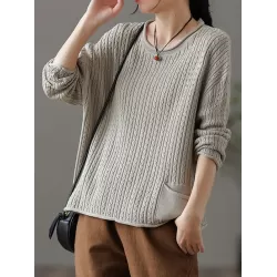 Artistic Retro Loose Long Sleeves Jacquard Solid Color Round-Neck Sweater Tops