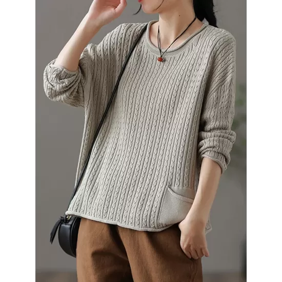 Artistic Retro Loose Long Sleeves Jacquard Solid Color Round-Neck Sweater Tops