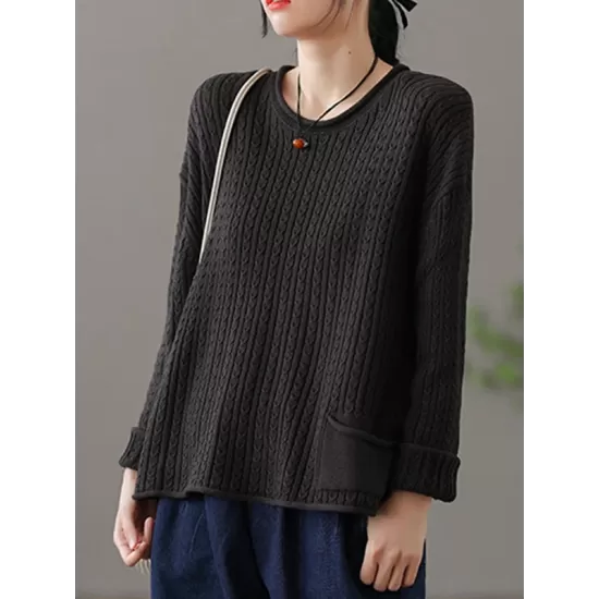 Artistic Retro Loose Long Sleeves Jacquard Solid Color Round-Neck Sweater Tops