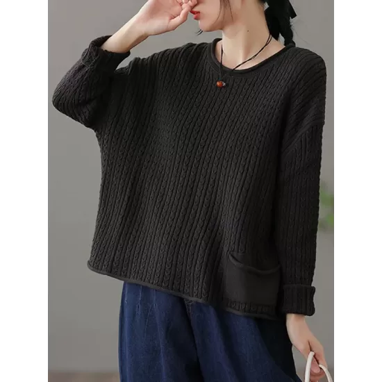 Artistic Retro Loose Long Sleeves Jacquard Solid Color Round-Neck Sweater Tops