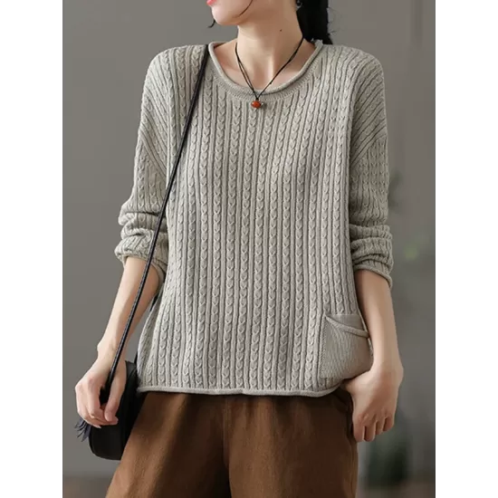 Artistic Retro Loose Long Sleeves Jacquard Solid Color Round-Neck Sweater Tops