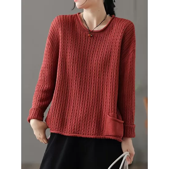 Artistic Retro Loose Long Sleeves Jacquard Solid Color Round-Neck Sweater Tops