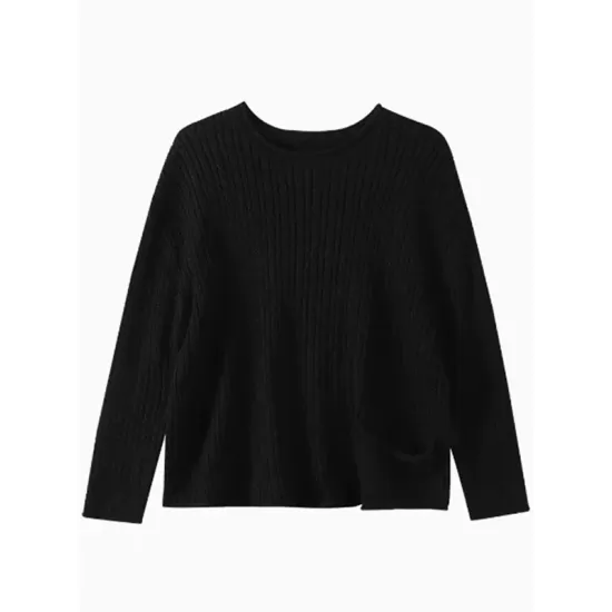 Artistic Retro Loose Long Sleeves Jacquard Solid Color Round-Neck Sweater Tops