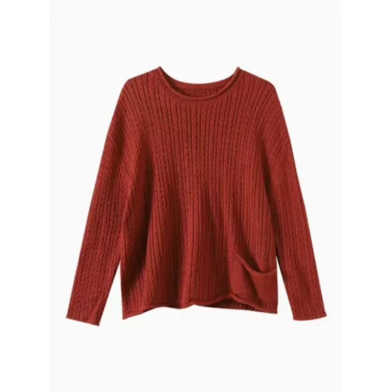 Artistic Retro Loose Long Sleeves Jacquard Solid Color Round-Neck Sweater Tops