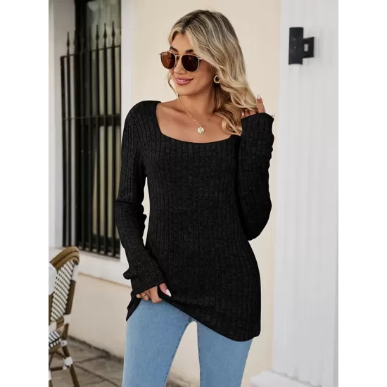 Casual Long Sleeves Skinny Solid Color Square-Neck Sweater Tops