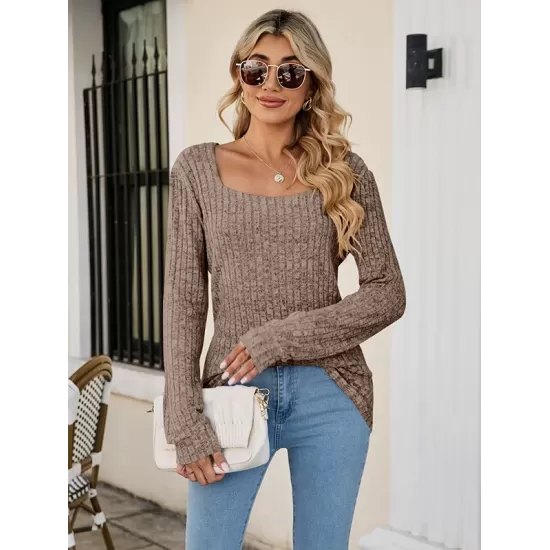 Casual Long Sleeves Skinny Solid Color Square-Neck Sweater Tops