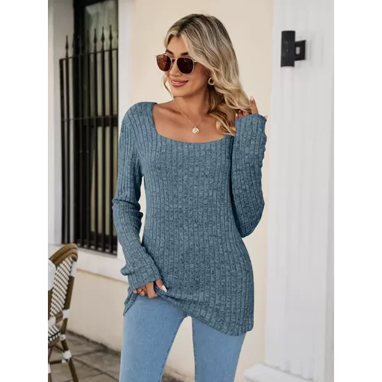 Casual Long Sleeves Skinny Solid Color Square-Neck Sweater Tops