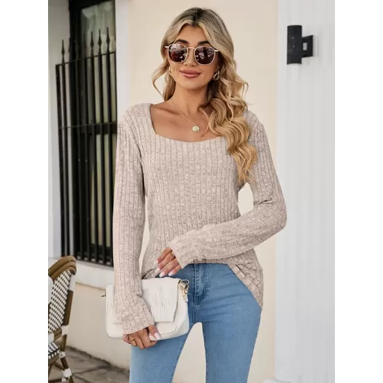 Casual Long Sleeves Skinny Solid Color Square-Neck Sweater Tops