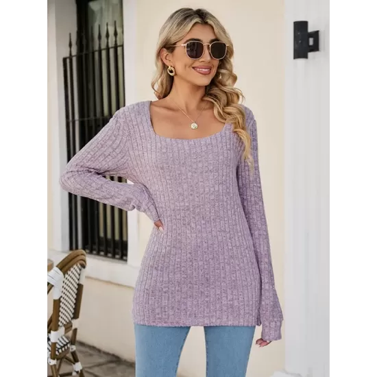 Casual Long Sleeves Skinny Solid Color Square-Neck Sweater Tops