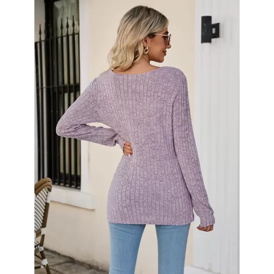 Casual Long Sleeves Skinny Solid Color Square-Neck Sweater Tops