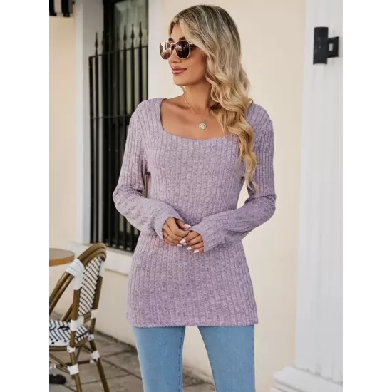 Casual Long Sleeves Skinny Solid Color Square-Neck Sweater Tops