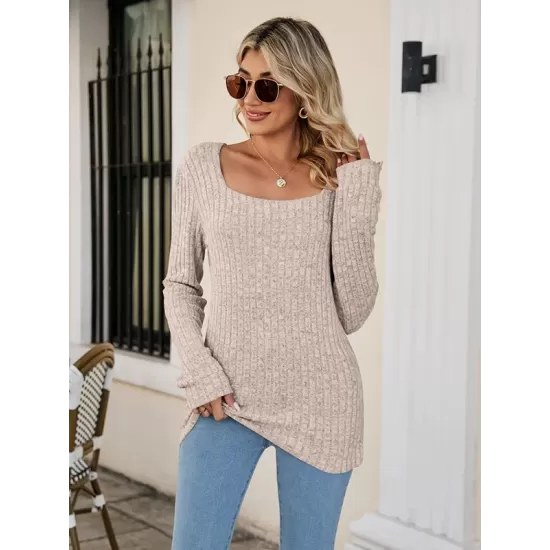 Casual Long Sleeves Skinny Solid Color Square-Neck Sweater Tops