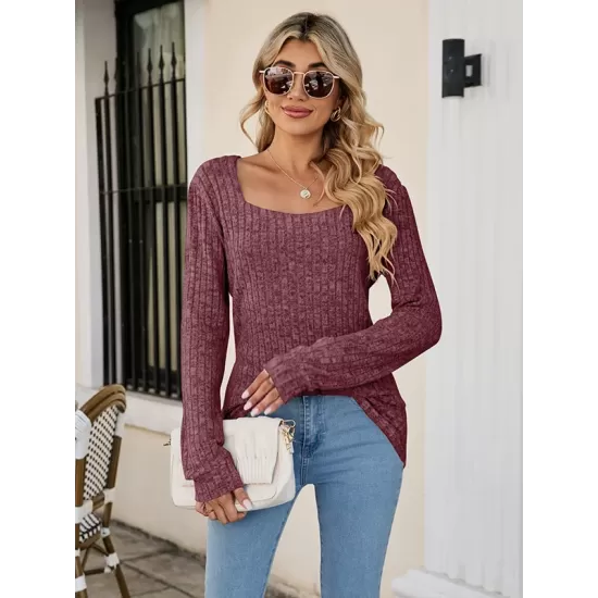 Casual Long Sleeves Skinny Solid Color Square-Neck Sweater Tops