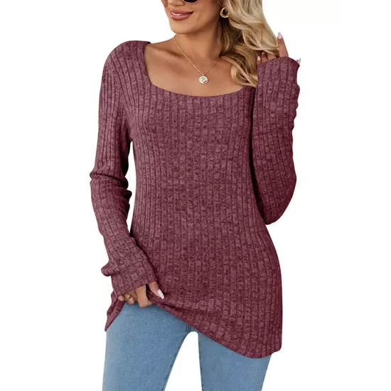 Casual Long Sleeves Skinny Solid Color Square-Neck Sweater Tops