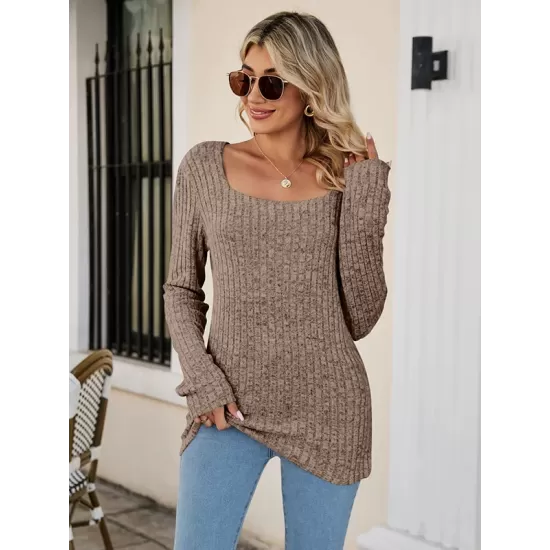 Casual Long Sleeves Skinny Solid Color Square-Neck Sweater Tops